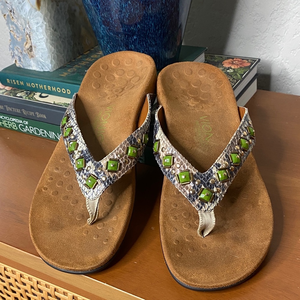 Vionic Brown Snake-Print Thong Sandals with Green Gem Accents